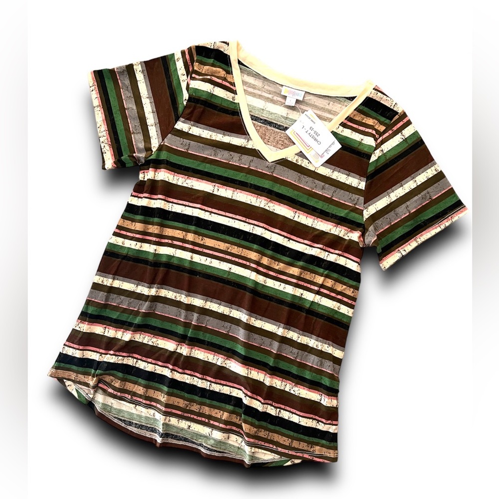 LuLaRoe • V-Neck Christy Tee • Vintage • 
Burgundy Olive Grey Stripe - Picture 3 of 6